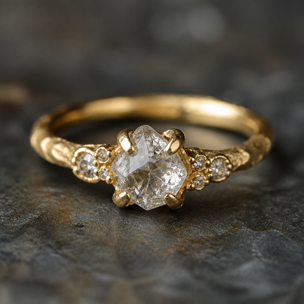 A rustic women's ring made of gold with diamond stones suitable for engagement
photorealistic jewelry design, A rustic women's ring made of gold with diamond stones suitable for engagement, rustic style, just the design no text