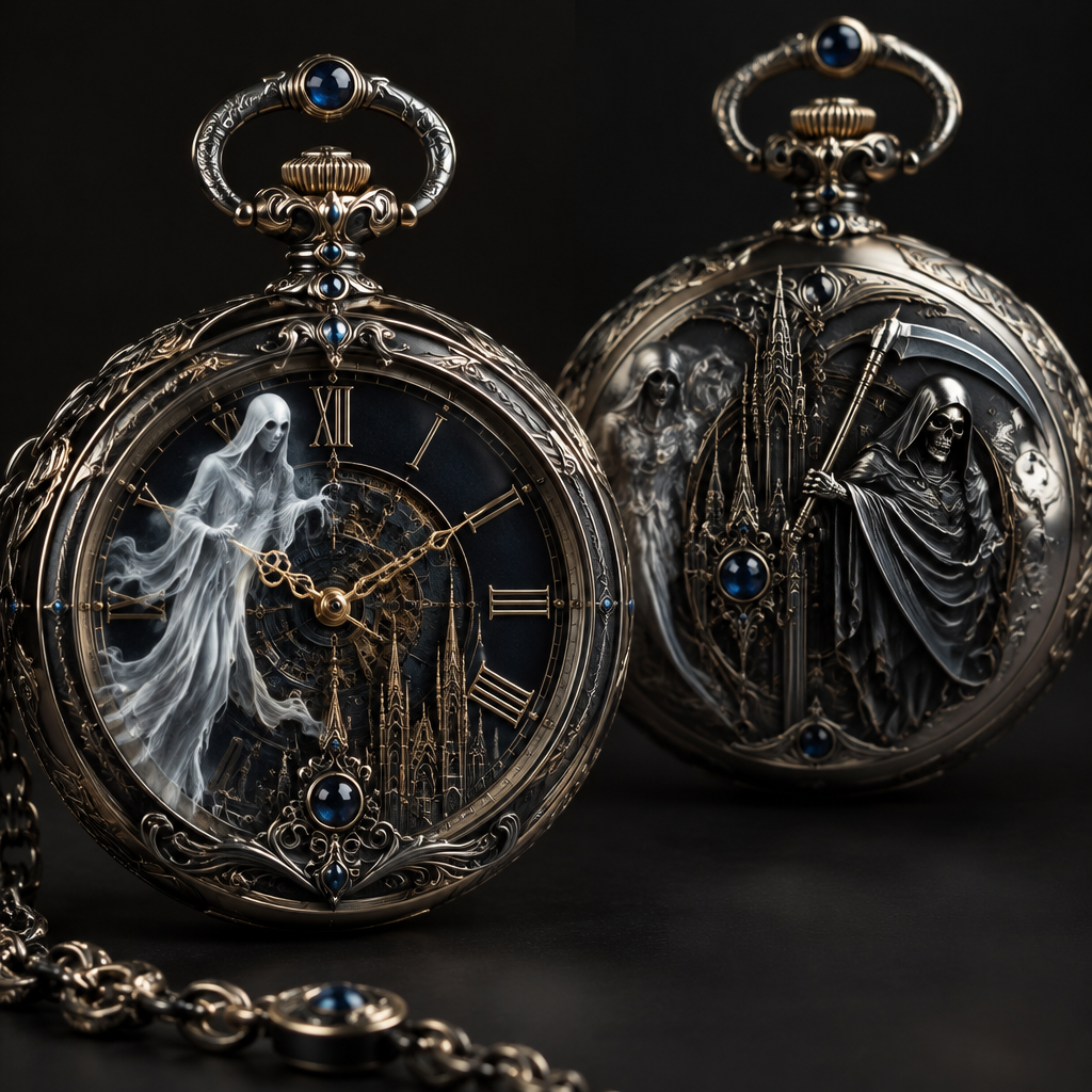 A victorian men's watch made of mixed metal with sapphire stones suitable for formal. a ghost and a reaper
photorealistic jewelry design, A victorian men's watch made of mixed metal with sapphire stones suitable for formal. a ghost and a reaper, victorian style, just the design no text