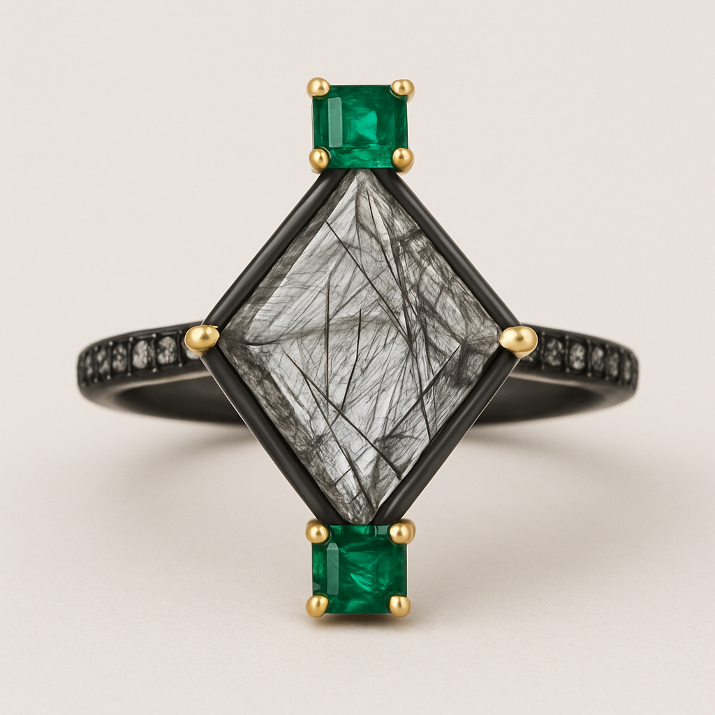 Kite cut tourmalated quartz, 4 emeralds top and bottom with another kite stone in the middle of emeralds, small stones on the sides black band 