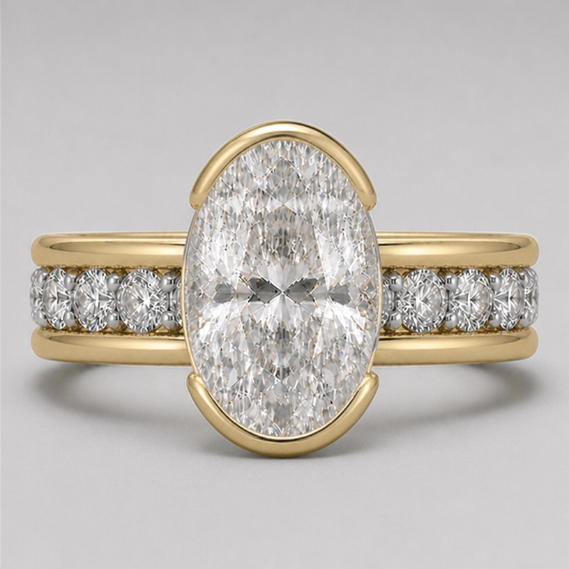 bezel walls to be 2mm at the highest part then tapered down
edit the attached jewelry design with these instructions: bezel walls to be 2mm at the highest part then tapered down. keep it photorealistic, just the design no text