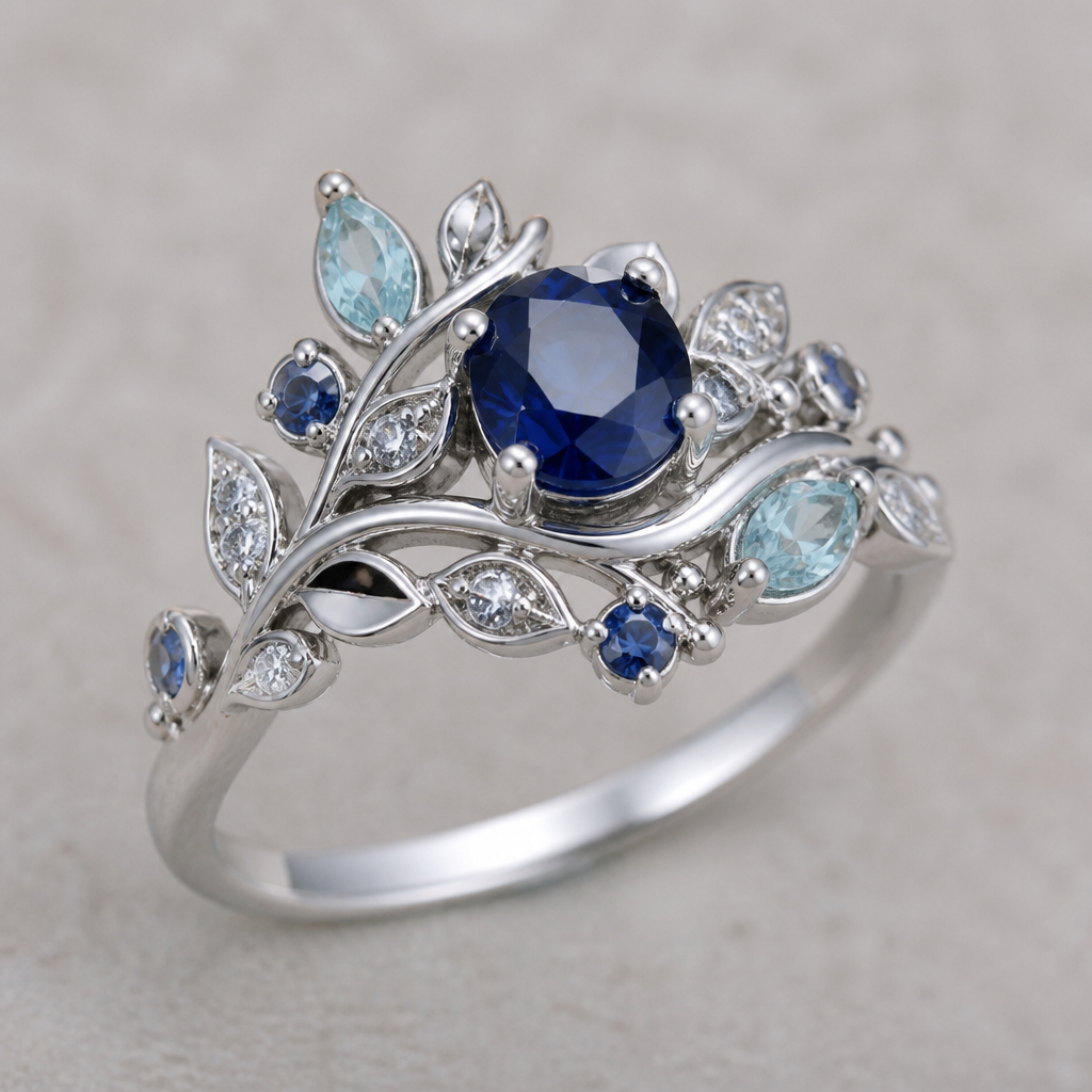 A women's ring made of white gold with sapphire and aquamarine stones, detailed and decorative, moderately ornate. create a nature inspired ring
photorealistic jewelry design, A women's ring made of white gold with sapphire and aquamarine stones, detailed and decorative, moderately ornate. create a nature inspired ring, modern style, just the design no text