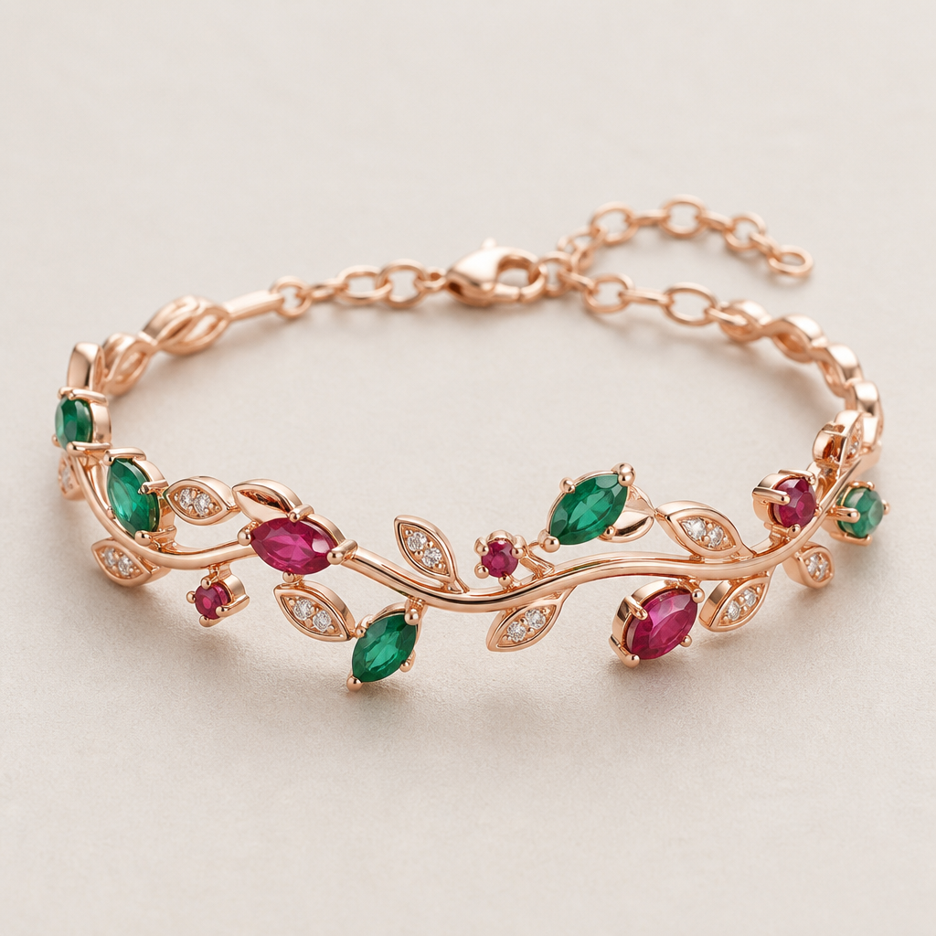 A nature-inspired women's bracelet made of rose gold with emerald and ruby stones suitable for daily wear
photorealistic jewelry design, A nature-inspired women's bracelet made of rose gold with emerald and ruby stones suitable for daily wear, nature_inspired style, just the design no text