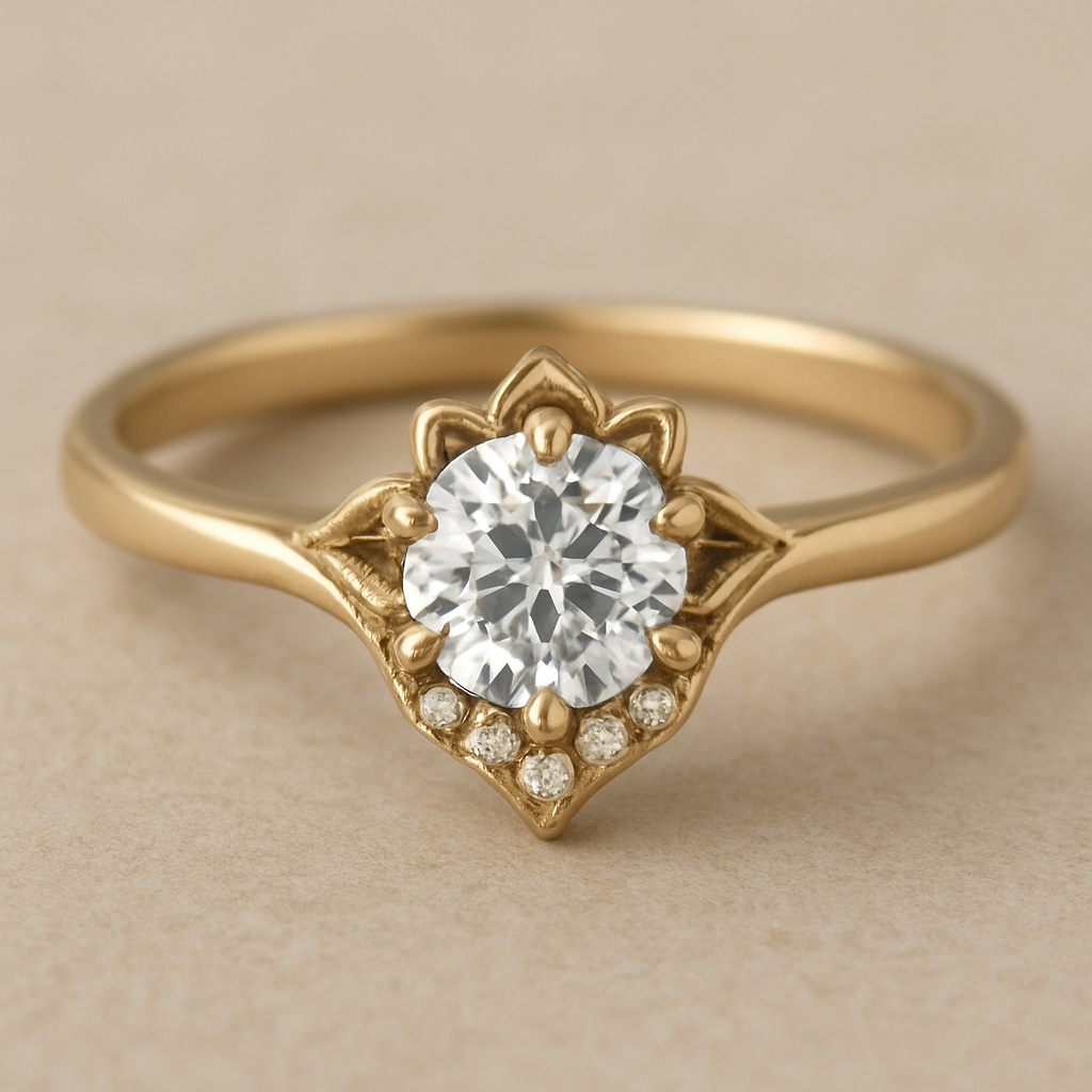 The ring has a round brilliant center diamond set in delicate vintage-style prongs similar to a floral or petal-shaped claw setting.
Beneath the center stone, include a small curved cluster of tiny round diamonds exactly like a triangular under-halo, very close to the main stone.
The band is smooth, solid, and does not split, gently tapering toward the center stone.
Overall style: elegant, delicate, vintage-inspired, with fine detailing and a soft, handcrafted look.

