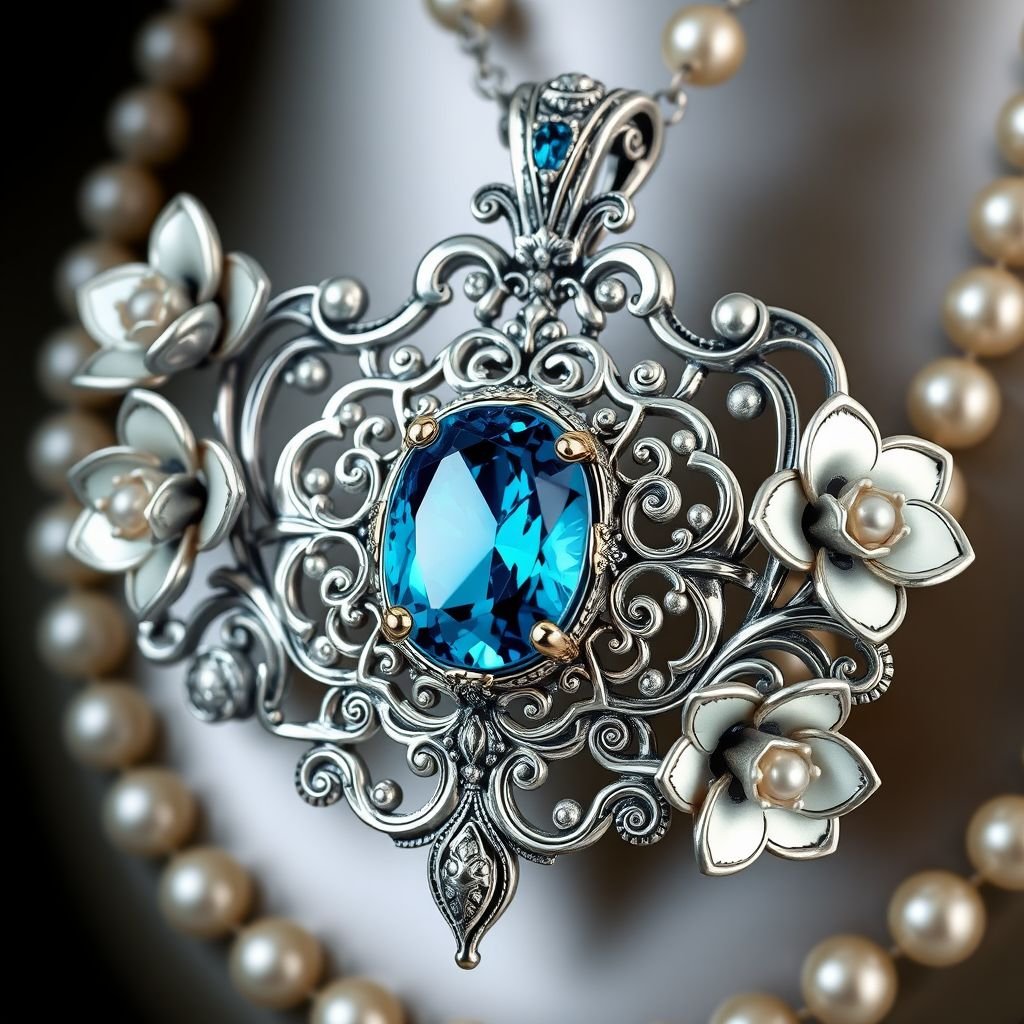 Blue topaz pendant with silver flowers