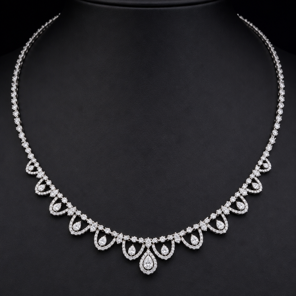 A classic women's necklace made of white gold with diamond stones. this is necklace with sight wigs
photorealistic jewelry design, A classic women's necklace made of white gold with diamond stones. this is necklace with sight wigs, classic style, just the design no text