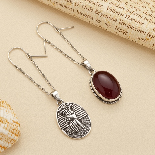 Zototy long earrings with a pendant symbolic image of the Egyptian god Ra with a bird's head symbol of the sun long chains