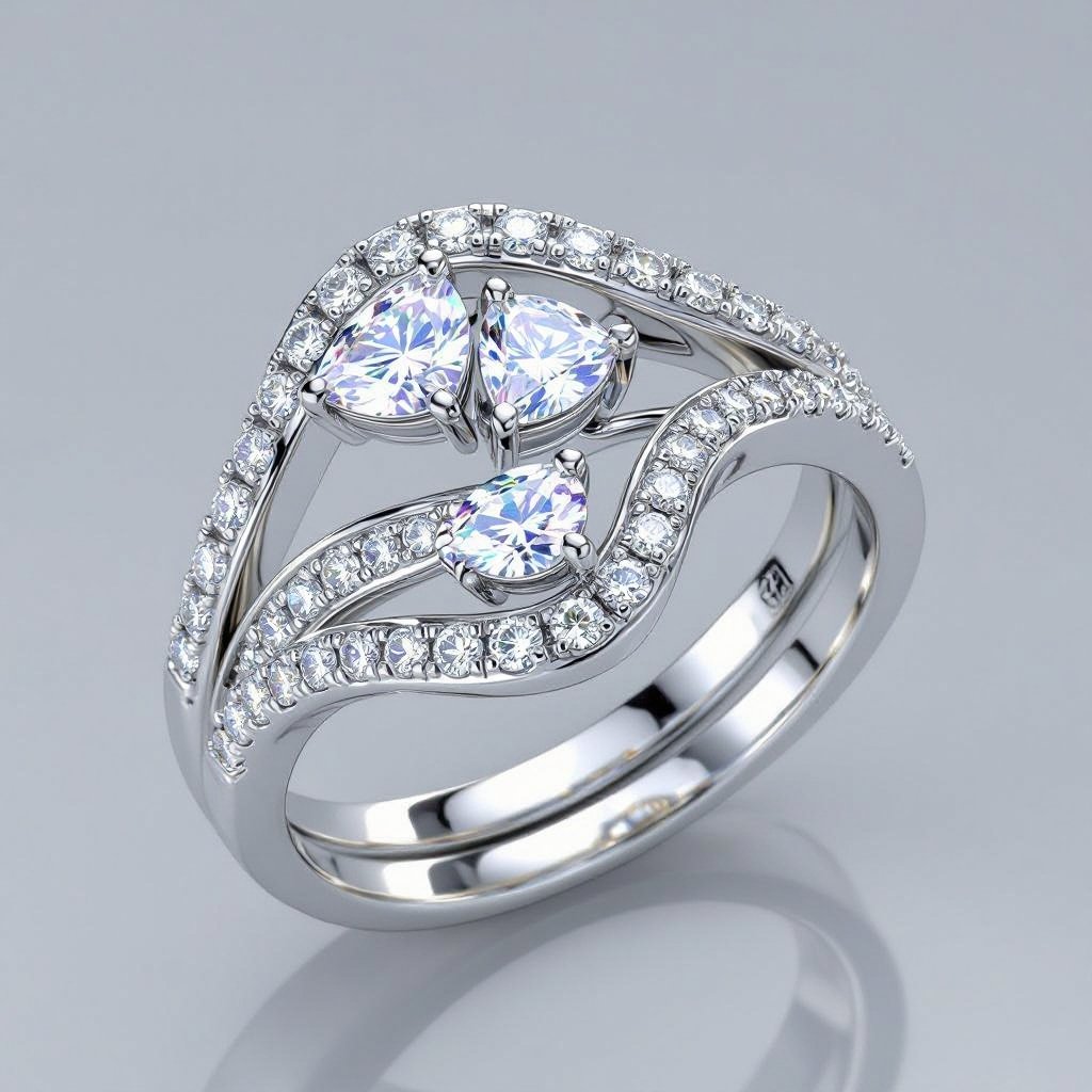 Render pls A highly detailed close-up render of a platinum pinky ring, size 4. The ring features two pear-shaped diamonds (1.00 ct and 0.50 ct) in a wraparound mirrored fan design, so the tips of the pears face each other. The band is a split-shank design at the top, with two wires wrapping around the pears and merging into a single continuous shank at the bottom. Along the split shank, add a channel-style bead setting with small round diamonds, inspired by the Tiffany Harmony band. The pavé diamonds should appear slightly recessed into a sculpted channel cavity, not just drilled holes. The overall look should be sleek, modern, and elegant, with the pavé flowing seamlessly alongside the pear diamonds.