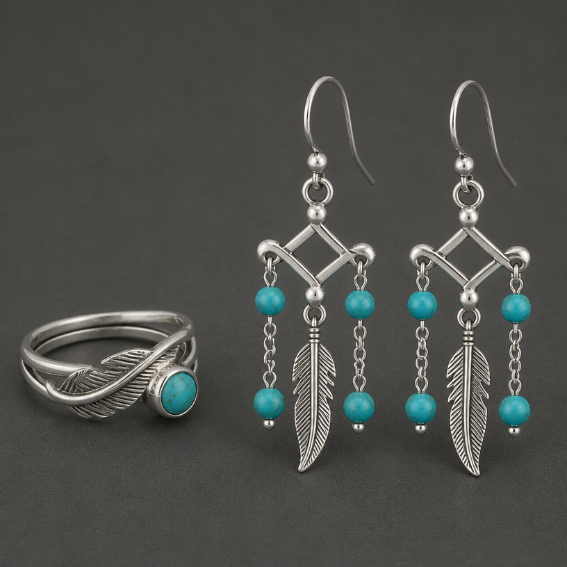A women's ring made of silver with turquoise stones suitable for daily wear. feather earrings
using the attached image as a visual reference, create A women's ring made of silver with turquoise stones suitable for daily wear. feather earrings. photorealistic, just the design no text