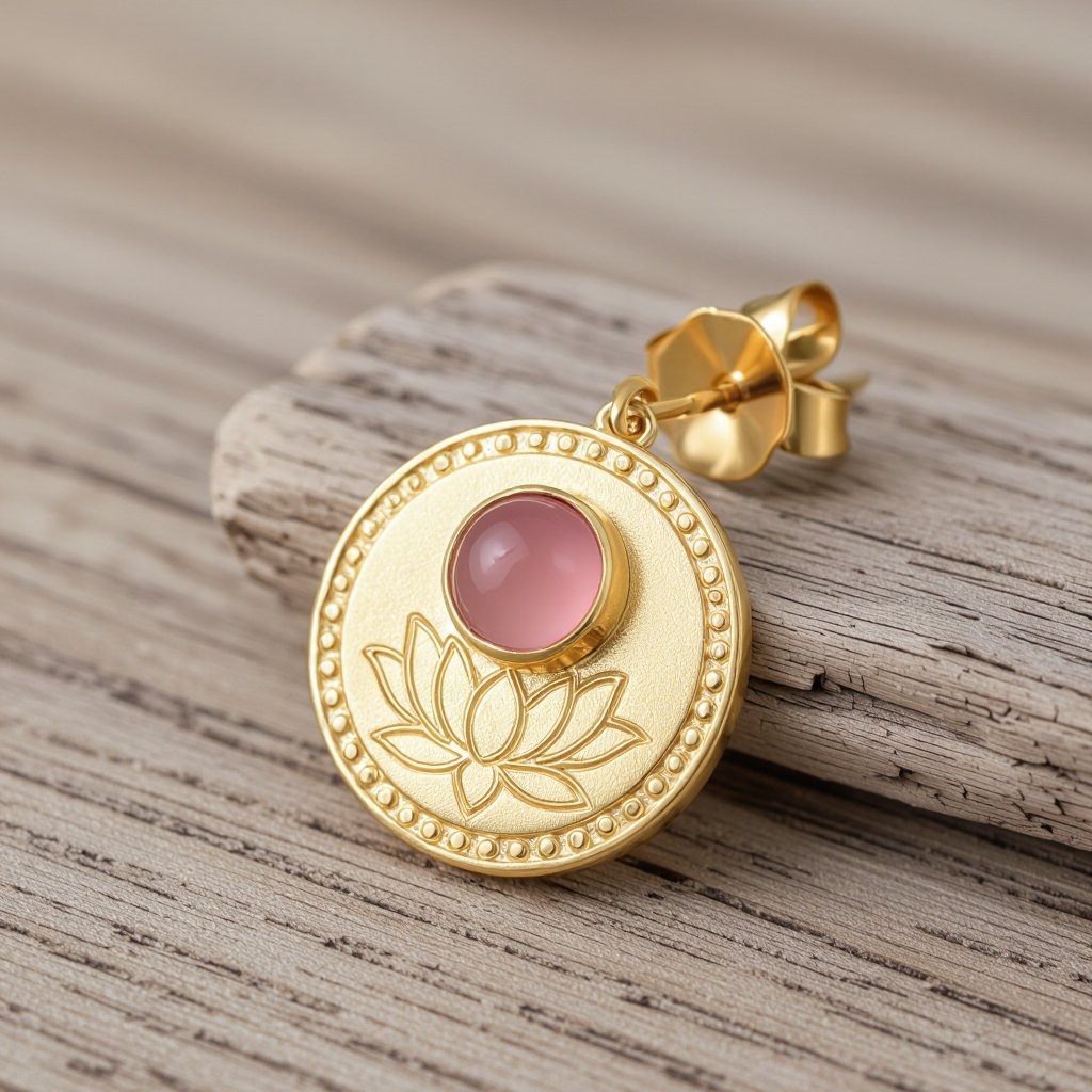 Золотые матовые серьги. Подвеска в виде круга. По окружности выпуклые маленькие точки. В центре выгравирован узор в форме лотоса. В центре лотоса маленький камень из розового кварца