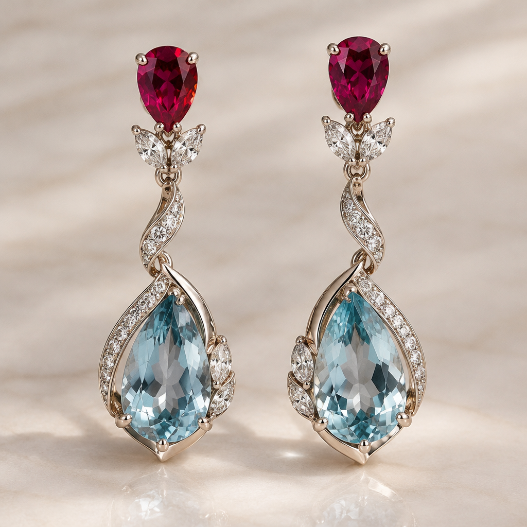A contemporary women's earrings with aquamarine and ruby stones suitable for engagement
photorealistic jewelry design, A contemporary women's earrings with aquamarine and ruby stones suitable for engagement, contemporary style, just the design no text