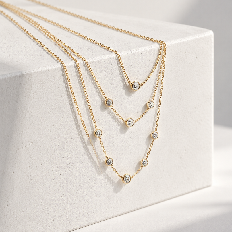 Jewelry photoshoot (worn)
Show the jewelry piece from the image worn by an elegant model in a professional editorial photograph, soft studio lighting. Reproduce the jewelry's exact design, metal, stones and details faithfully. Photorealistic, no text. Additional instructions: "Photorealistic product photography, several delicate gold necklaces draped diagonally over the edge of a white geometric concrete block, cascading down at an angle, pendants hanging freely below the block's edge at varying lengths. Soft natural daylight from the side, creating soft directional shadows on the white surface. Clean minimalist white background, high-end jewelry catalog aesthetic, sharp focus throughout, warm gold tones, 8k resolution, no text, no logo, no model, no hands." Jewelry scale note: the necklace and stones must be small, delicate and realistically proportioned — not oversized or exaggerated, true to how fine jewelry actually looks in real life.".