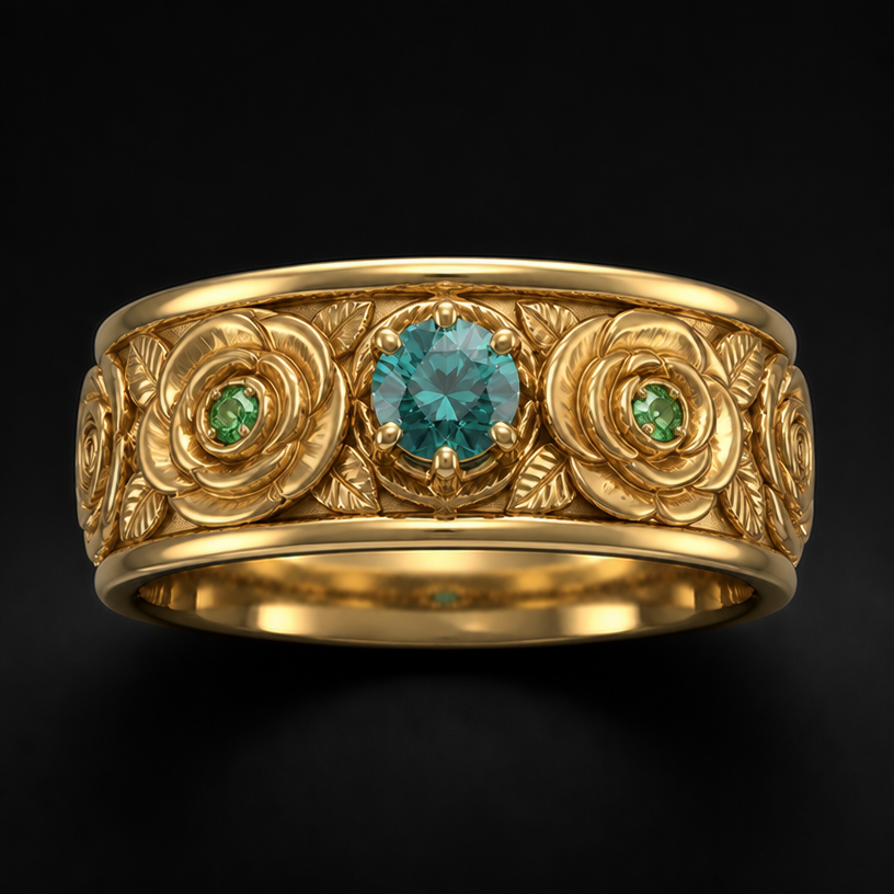 Add medium green diamonds to the center of the roses
edit the attached jewelry design with these instructions: Add medium green diamonds to the center of the roses. keep it photorealistic, just the design no text