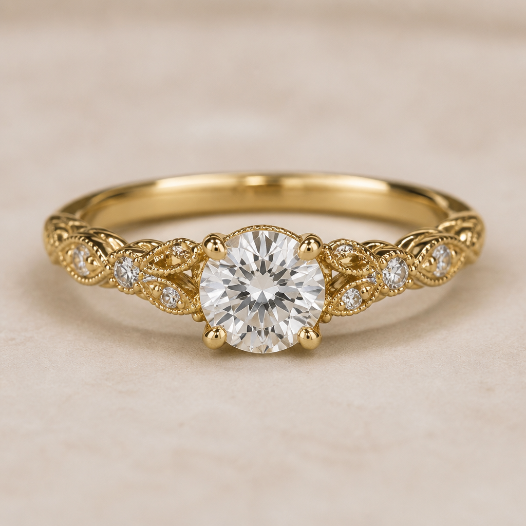 A vintage women's ring made of gold with diamond stones suitable for engagement. Delicado anillo en oro amarillo estilo vintage para compromiso
photorealistic jewelry design, A vintage women's ring made of gold with diamond stones suitable for engagement. Delicado anillo en oro amarillo estilo vintage para compromiso, vintage style, just the design no text