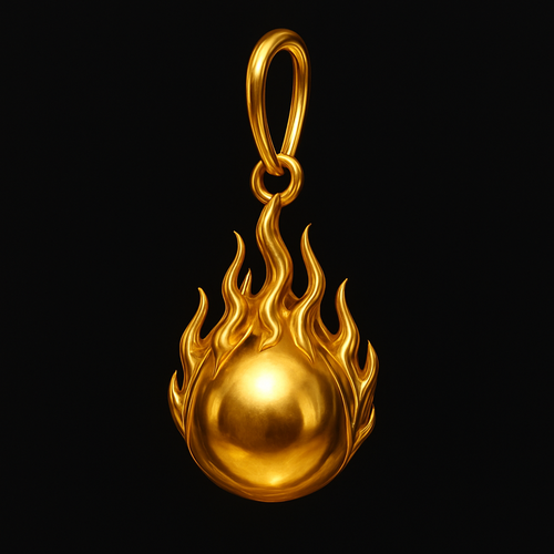 Golden Ehring on fire Round ball, that’s on fire hang Flames going up to the loop, that’s in the year K Shiny gold