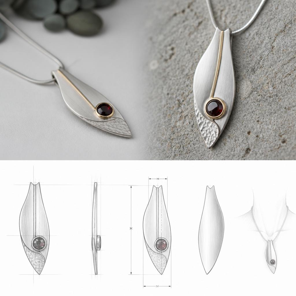 A scandinavian women's pendant made of silver with garnet stones, minimalist, simple and delicate, clean lines. "photorealistic jewelry design, A scandinavian women's pendant made of silver with garnet stones suitable for daily wear, minimalist. simple and delicate, clean lines. simplistic form minimalist brushed silver finish with an accent of gold and a small section of hammered surface, scandinavian style, with design scketchs and mesurments
photorealistic jewelry design, A scandinavian women's pendant made of silver with garnet stones, minimalist, simple and delicate, clean lines. "photorealistic jewelry design, A scandinavian women's pendant made of silver with garnet stones suitable for daily wear, minimalist. simple and delicate, clean lines. simplistic form minimalist brushed silver finish with an accent of gold and a small section of hammered surface, scandinavian style, with design scketchs and mesurments, scandinavian style, just the design no text