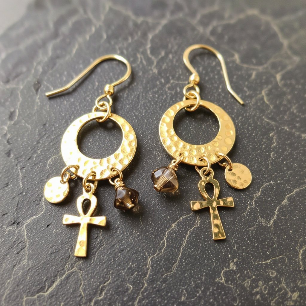 Золотые серьги словно мятое золото в форме узкого изящного полумесяца. Верхушка полумесяца крепится к застежке серьги. К нижней части полумесяца крепятся три подвески: миниатюрный золотой египетриский крест, очень маленький кристалл раухтопаза и маленький золотой кружочек с мятым эффектом плоский