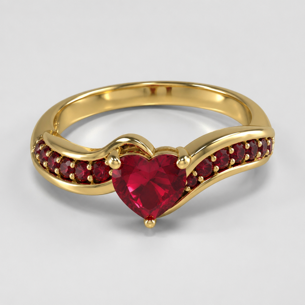 A modern women's ring made of gold with ruby stones. quiero este anilonen archivo stl..y de 6 gramos de oro 10 kt.talla 7. piedra de corazón de 7 mm ..chispas de 1.50.
photorealistic jewelry design, A modern women's ring made of gold with ruby stones. quiero este anilonen archivo stl..y de 6 gramos de oro 10 kt.talla 7. piedra de corazón de 7 mm ..chispas de 1.50., modern style, just the design no text
