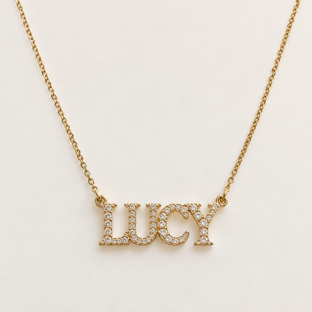 thin necklace with a pendant at the end that says LUCY in nice italian style writing. It is encrusted with some diamonds
photorealistic jewelry design, thin necklace with a pendant at the end that says LUCY in nice italian style writing. It is encrusted with some diamonds
, just the design no text
