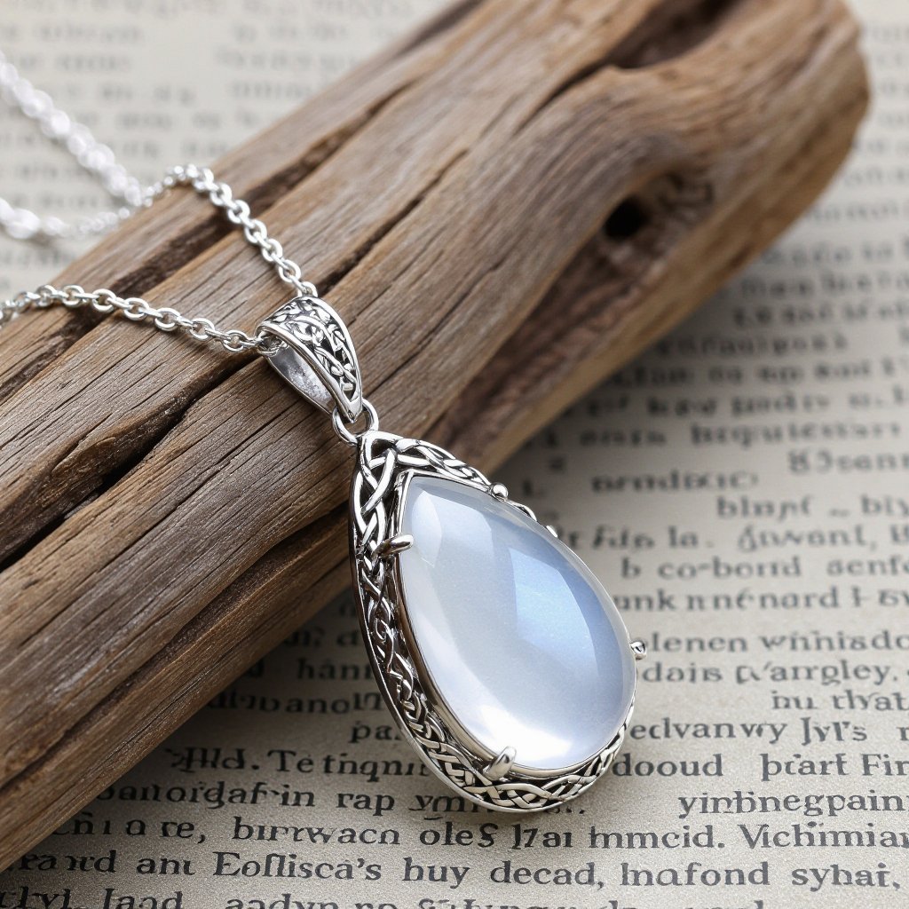 A 50 carat drop-cut IF smooth moonstone gemstone necklace with silver lining around it