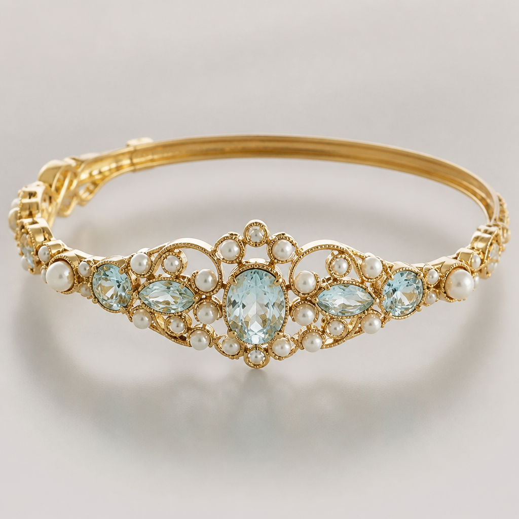 A bangle women's bracelet made of gold with aquamarine and pearl stones suitable for formal, highly ornate, intricate and elaborate, richly detailed. delicado y sencillo
photorealistic jewelry design, A bangle women's bracelet made of gold with aquamarine and pearl stones suitable for formal, highly ornate, intricate and elaborate, richly detailed. delicado y sencillo, bangle style, just the design no text