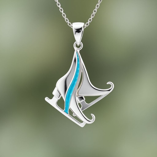 Silver pendant in the shape of ice skating blades with a turquoise stripe within the blade