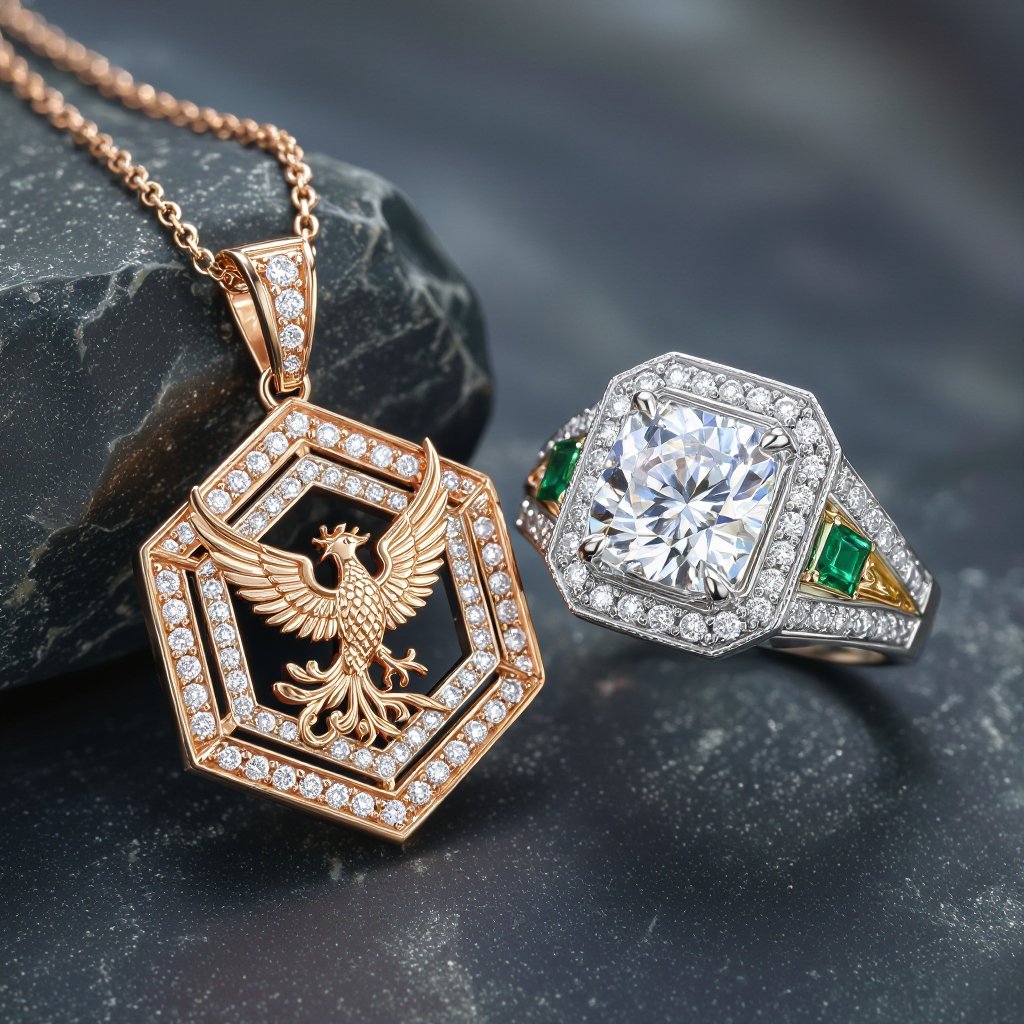 Geomatric rose gold and A platinum signet ring with phoenix printed on it for women Design a luxurious platinum signet ring that embodies the elegance of Art Deco style, featuring a striking phoenix rendered in intricate geometric patterns. Emphasize bold lines and symmetry, with contrasting finishes for depth. Adorn the ring with brilliant-cut diamonds and emeralds, capturing the spirit of rebirth and timeless sophistication. Rose gold geometric pendant. Platinum signet ring with a phoenix, brilliant-cut diamonds, and emeralds, in platinum with contrasting finishes.