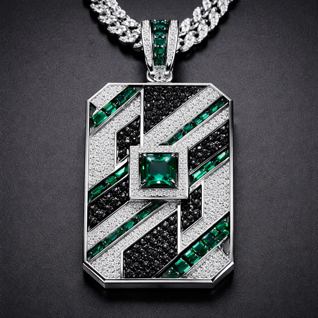 Geomatric angles pendant and chainfor men of rectangular and sqaure shape of white and blcak diamonds and green of unique design and special shape