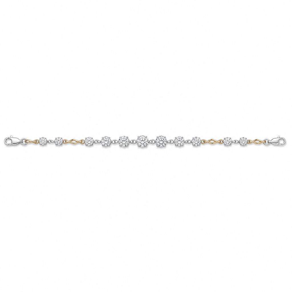 create a diamond bracelet with exactly 12 diamonds arranged into 7 linear stations of diamonds where each station is separated by yellow gold twist connectors. diamonds set in white gold prongs separated by jump rings within each station. Arrange diamonds and twist connectors (all linked with jump rings) in the following order:
Clasp
Twist
2.6mm
Twist
3.4mm
3.7mm
Twist
3.95mm
4.25mm
4.45mm
Twist
4.4mm
4.24mm
3.95mm
Twist
3.8mm
3.35mm
Twist
2.55mm
Twist
Clasp
photorealistic jewelry design, create a diamond bracelet with exactly 12 diamonds arranged into 7 linear stations of diamonds where each station is separated by yellow gold twist connectors. diamonds set in white gold prongs separated by jump rings within each station. Arrange diamonds and twist connectors (all linked with jump rings) in the following order:
Clasp
Twist
2.6mm
Twist
3.4mm
3.7mm
Twist
3.95mm
4.25mm
4.45mm
Twist
4.4mm
4.24mm
3.95mm
Twist
3.8mm
3.35mm
Twist
2.55mm
Twist
Clasp, just the design no text