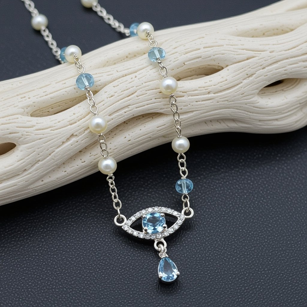 Тонкая цепочка с серебряными шариками и мелкими жемчужными камушками на цепочке есть кулон в форме глаза, зрачок глаза из аквамарина от глаза идет маленькая подвеска с маленькими камушками аквамарина 