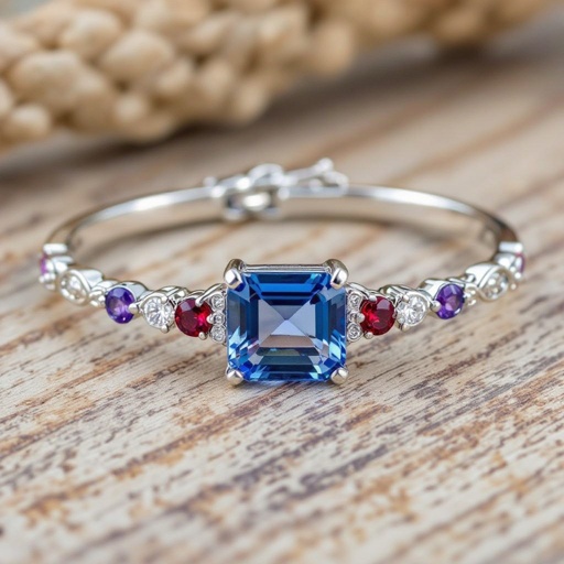Bracelet; 1 large Emerald Cut Tanzanite stone in middle; 1 small round cut garnet; 1 small round cut zircon; 1 small triangle cut amethyst; 1 small triangle cut ruby