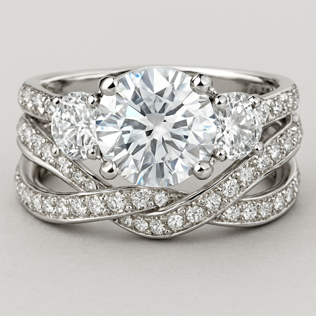 Elegant platinum 4 carat tw 3 stone ring pave twisted band with wedding band