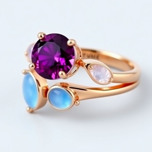 A simple rose gold engagement ring set with a circular alexandrite. Also set with a small half moon blue chalcedony on one side right next to it, and a small half moon moonstone set on the other side right next to it. On the inside of the band, it has an inscription reading, “Tuum. Et in hac vita et in altera.”