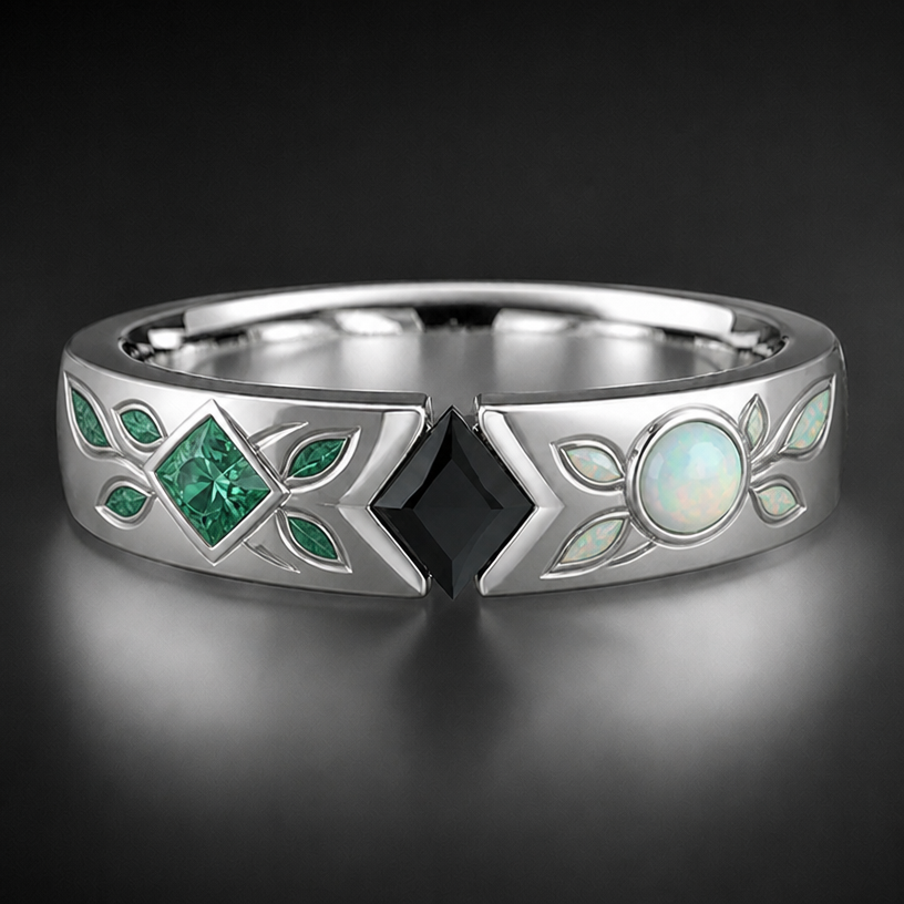 Make the emerald and opal vine leaves
edit the attached jewelry design with these instructions: Make the emerald and opal vine leaves. keep it photorealistic, just the design no text