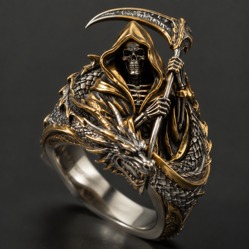 A statement women's ring made of mixed metal suitable for birthday. a reaper in a dragon robe
photorealistic jewelry design, A statement women's ring made of mixed metal suitable for birthday. a reaper in a dragon robe, statement style, just the design no text