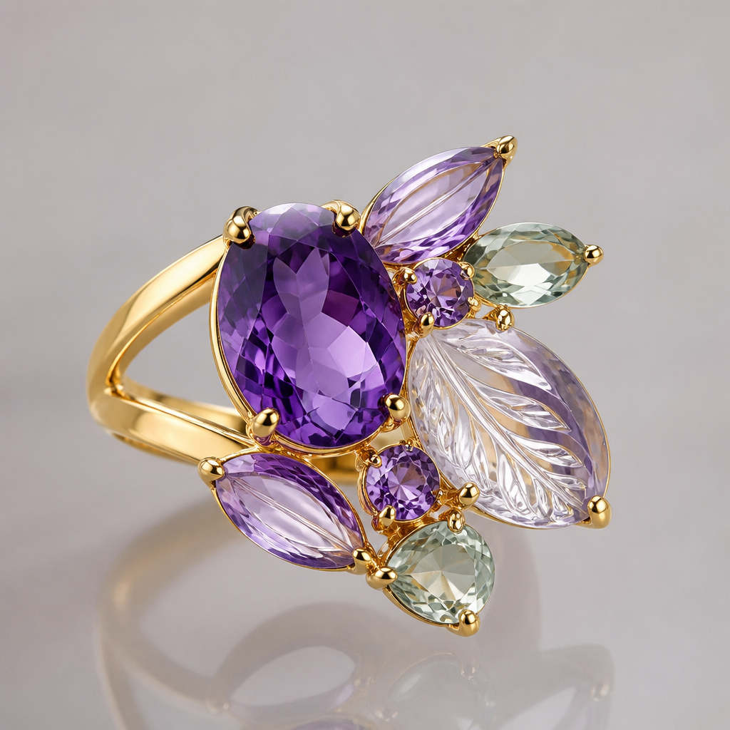 A modern women's ring made of gold with amethyst stones suitable for formal. parrure fine en améthyste,floryte,cristal naturel
photorealistic jewelry design, A modern women's ring made of gold with amethyst stones suitable for formal. parrure fine en améthyste,floryte,cristal naturel, modern style, just the design no text