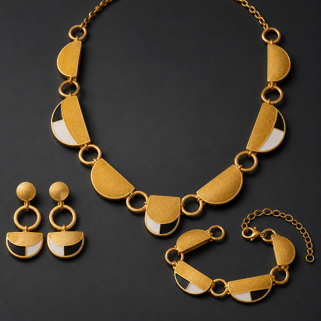 Prompt: A luxurious 21k gold jewelry set consisting of a necklace, bracelet, and earrings. The design is a sophisticated blend of semicircles and circular rings. The gold has a rich, deep yellow color with a distinct matte texture and soft satin finish. Decorated with intricate, delicate enamel work (enameling) in contrasting solid black and pure white colors. High-end jewelry design, professional macro photography, soft studio lighting highlighting the matte gold texture and sharp enamel details, minimalist dark grey background, 8k resolution. --ar 4:3 --v 6.0