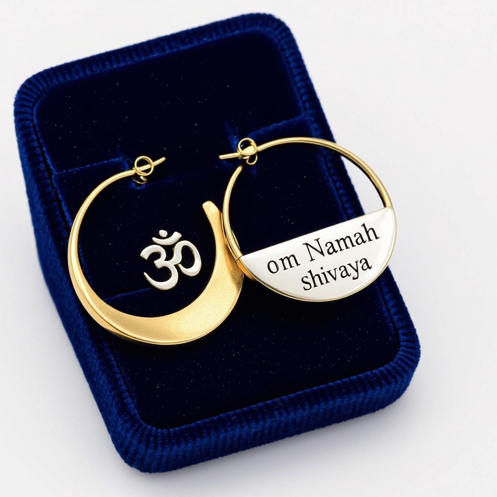 Золотые матовые серьги полукруг. На полукруге надпись изящным шрифтом om namah shivaya