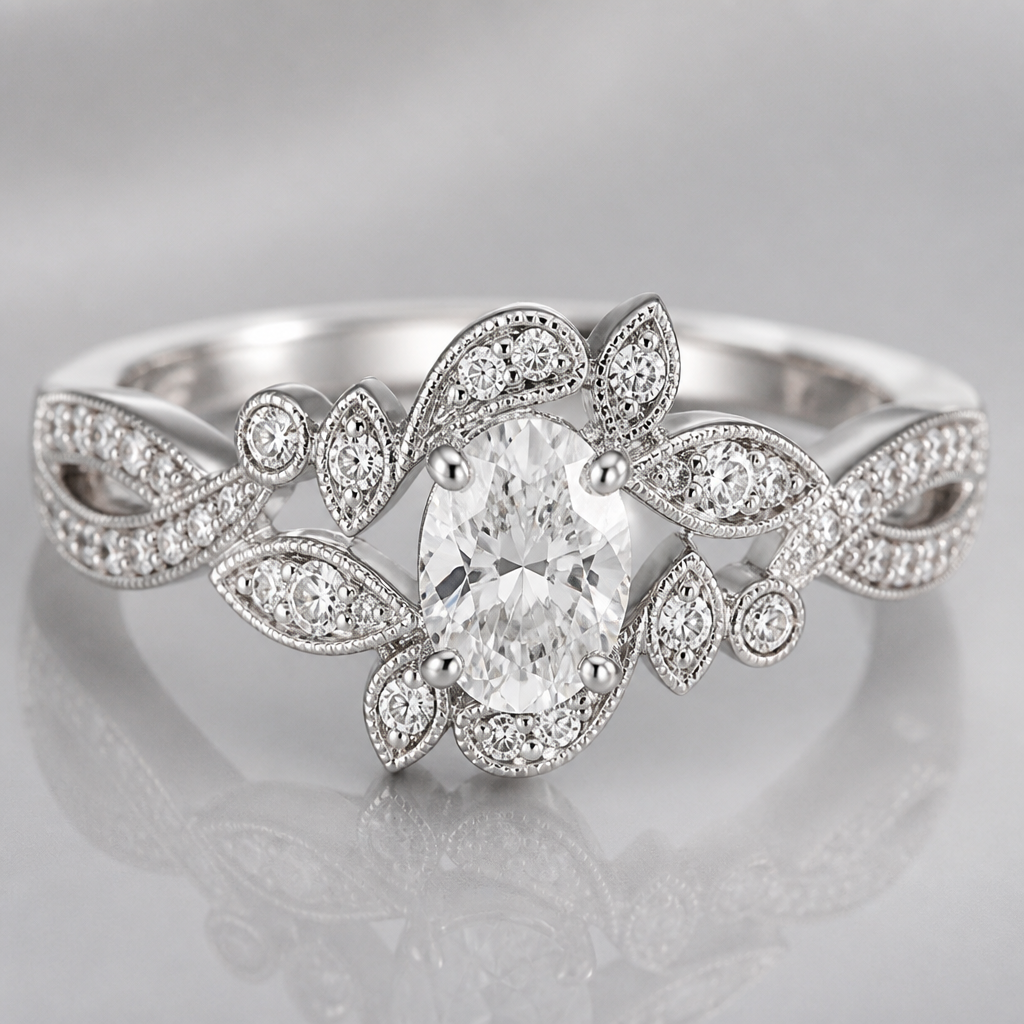 A contemporary women's ring made of white gold with diamond stones suitable for wedding, detailed and decorative, moderately ornate. A 0.70-carat oval diamond is used as the center stone.
photorealistic jewelry design, A contemporary women's ring made of white gold with diamond stones suitable for wedding, detailed and decorative, moderately ornate. A 0.70-carat oval diamond is used as the center stone., contemporary style, just the design no text