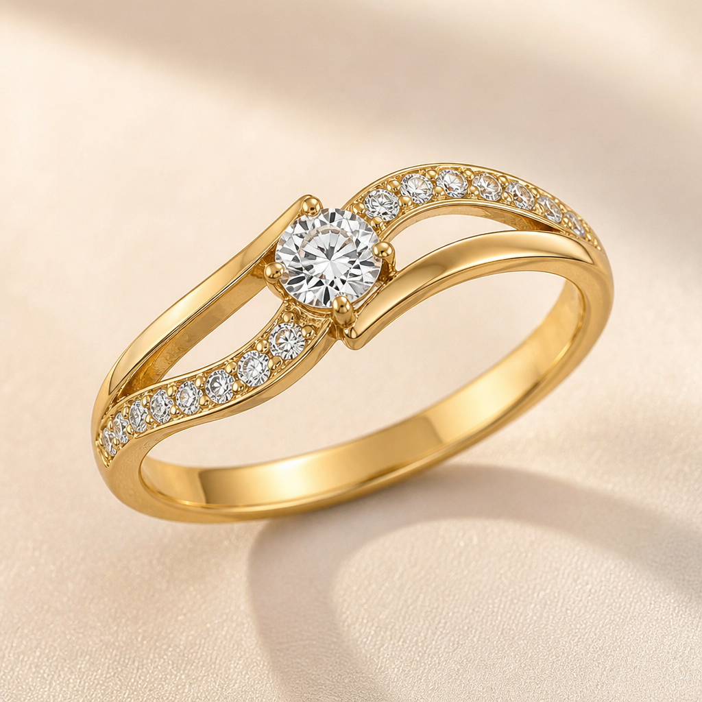 A modern women's ring made of gold with diamond stones suitable for birthday
photorealistic jewelry design, A modern women's ring made of gold with diamond stones suitable for birthday, modern style, just the design no text