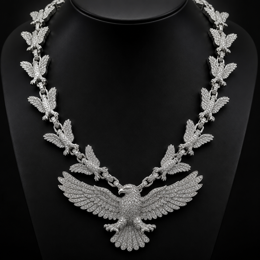 A modern men's necklace made of silver with diamond stones suitable for party. crea una cadena con 24 pulgadas iced out con plata CZ y que todas las partes de la cadena sean águilas con sus colores respectivos osea los colores de la aguila blanca que todo sea águila el mango el dije todo
photorealistic jewelry design, A modern men's necklace made of silver with diamond stones suitable for party. crea una cadena con 24 pulgadas iced out con plata CZ y que todas las partes de la cadena sean águilas con sus colores respectivos osea los colores de la aguila blanca que todo sea águila el mango el dije todo, modern style, just the design no text