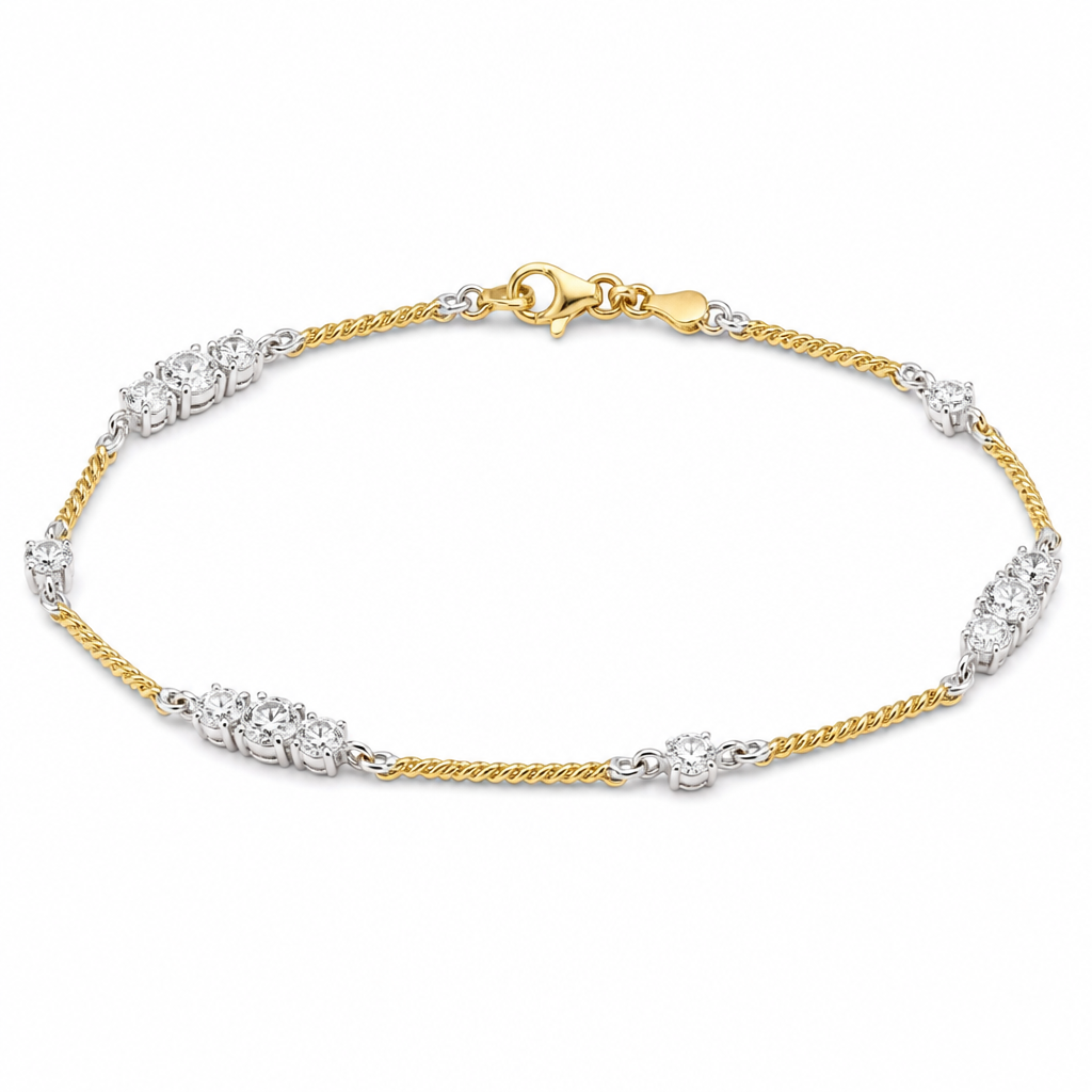 A bracelet with spaced apart diamonds with yellow gold twisted bar connectors between the stations. The diamonds are arranged in groups of 3, 3, 2, 2, 1, 1 and are prong set in white gold.
photorealistic jewelry design, A bracelet with spaced apart diamonds with yellow gold twisted bar connectors between the stations. The diamonds are arranged in groups of 3, 3, 2, 2, 1, 1 and are prong set in white gold. , just the design no text