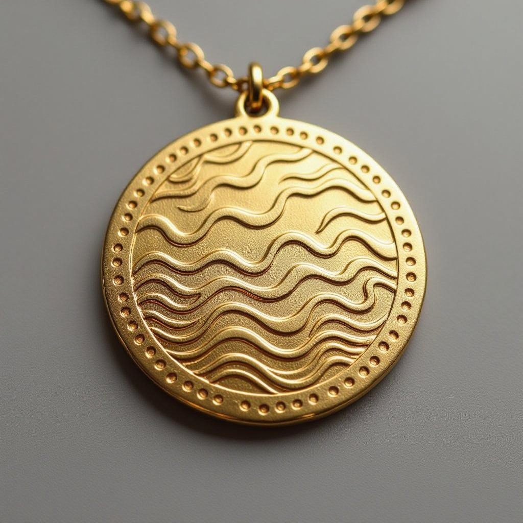 Золотой матовый медальон в форме неровного круга с неровными краями. По краям выпуклые точки сплошной линией. На круге разные волнистые узоры 