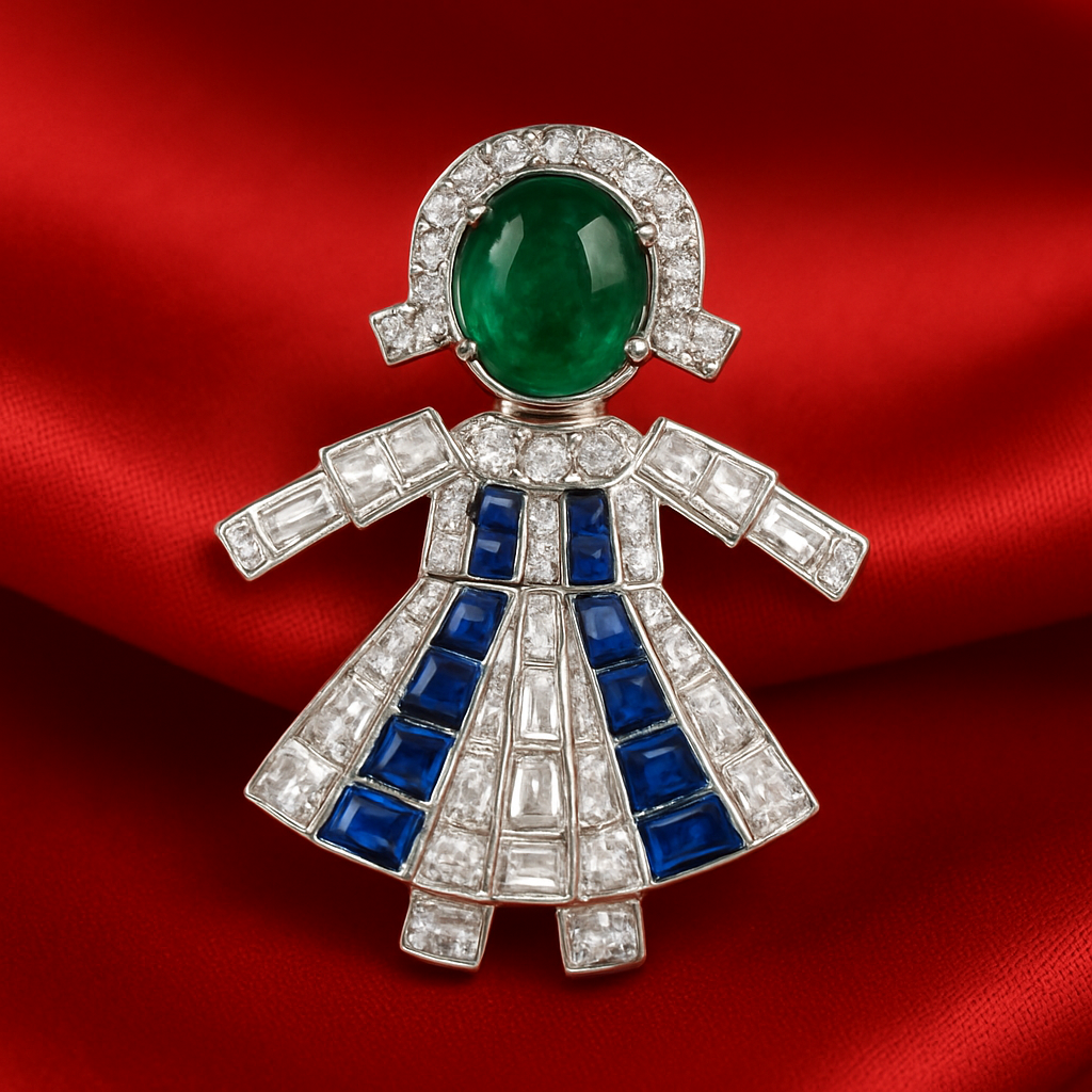 Make me a white gold brooch with gemstones like diamonds, baguettes, sapphires, and green rubies from the Labobo doll, which is placed on a satin fabric of a completely contrasting color, and the focus of the photo is on the brooch, and the background of the photo is also matted so that the details of the brooch are completely clear. Make the photo for me without any personal changes because I don't want anything extra to be involved in the details. Make sure the photo is appropriate for the size of making reels for Instagram, and make it for me in the highest possible quality, for example, 4k resolution.