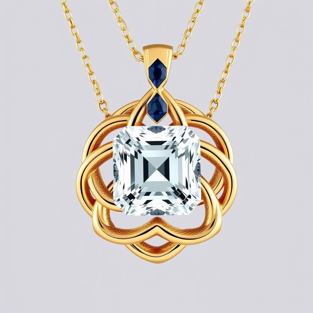 a Celtic trinity knot shaped 50 carat asscher-cut  gemstone and Navette-cut blue sapphire gemstone, FL IF clarity gold chain necklace