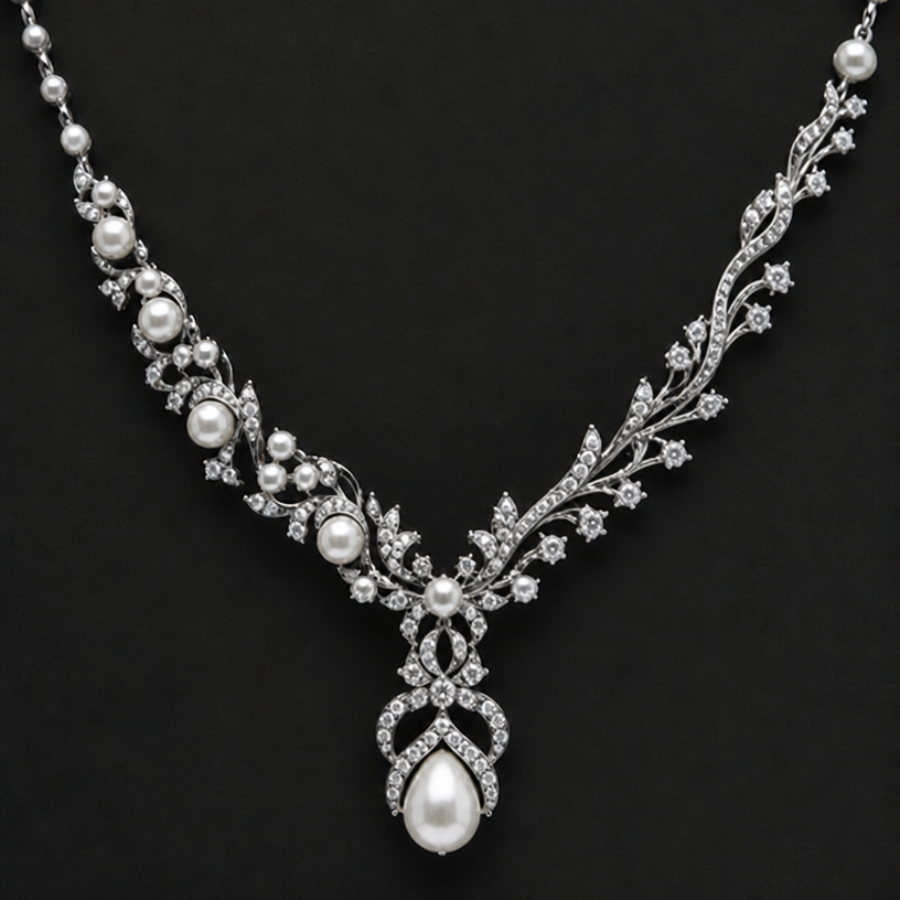 One side pearls and other side peaks and stones
edit the attached jewelry design with these instructions: One side pearls and other side peaks and stones. keep it photorealistic, just the design no text