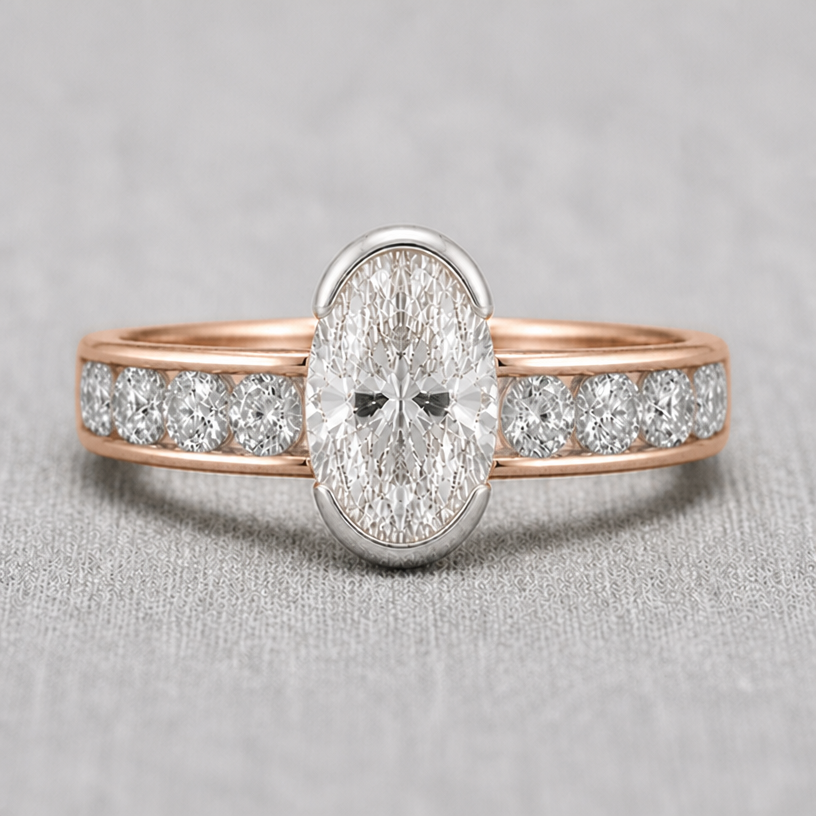 the accent stones sit flusly on the band, no spaces in between. 3mm in length compared with 16mm in length of the bigger main stone
edit the attached jewelry design with these instructions: the accent stones sit flusly on the band, no spaces in between. 3mm in length compared with 16mm in length of the bigger main stone. keep it photorealistic, just the design no text