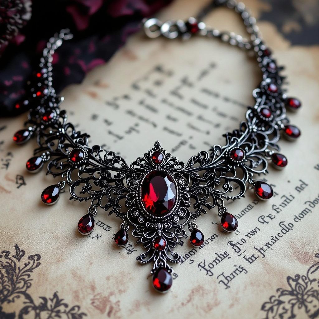Necklace vampiric, black lace with blood red gems, intricate design
