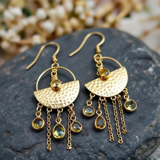 Золотые серьги словно мятое золото в форме узкого изящного полумесяца. Верхушка полумесяца крепится к застежке серьги.  От полумесяца идет три цепочки, у каждой на конце мелкий камушек цитрин