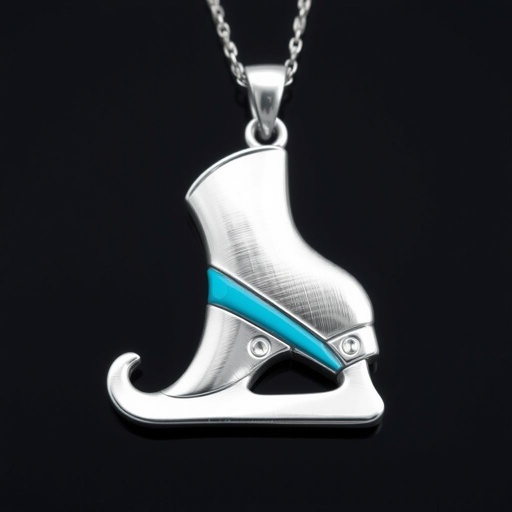 Silver Pendant shape one ice skate with turquoise stripe inside the low thin part blade