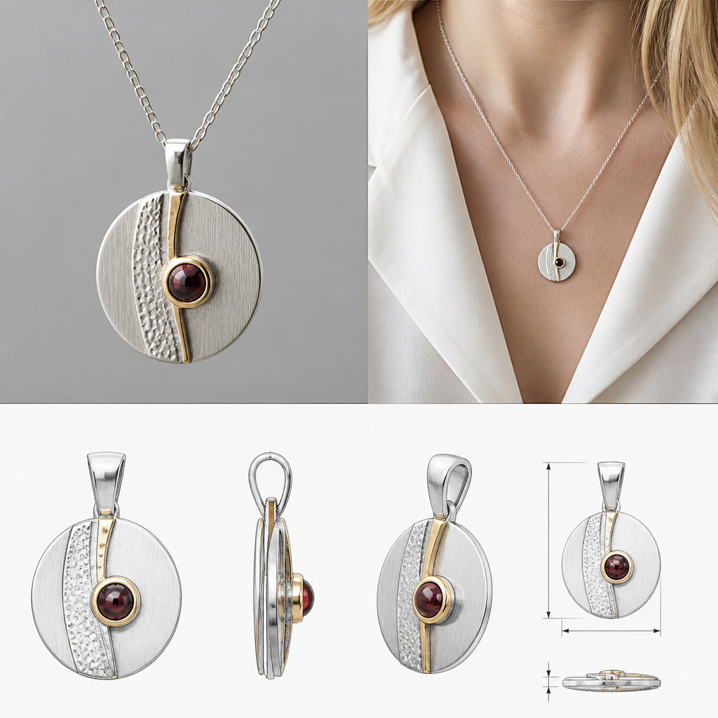 A modern women's pendant made of silver with garnet stones. "photorealistic jewelry design, A scandinavian women's pendant made of silver with garnet stones suitable for daily wear, minimalist. simple and delicate, clean lines. simplistic form minimalist brushed silver finish with an accent of gold and a small section of hammered surface, scandinavian style, with design scketchs and mesurments
photorealistic jewelry design, A modern women's pendant made of silver with garnet stones. "photorealistic jewelry design, A scandinavian women's pendant made of silver with garnet stones suitable for daily wear, minimalist. simple and delicate, clean lines. simplistic form minimalist brushed silver finish with an accent of gold and a small section of hammered surface, scandinavian style, with design scketchs and mesurments, modern style, just the design no text